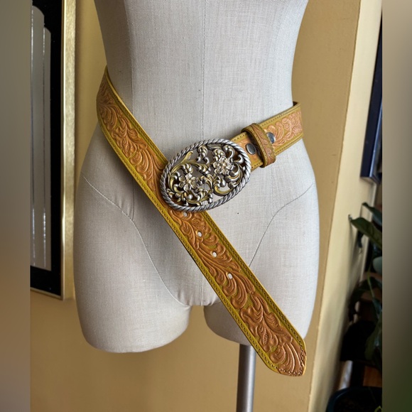 unbranded Accessories - silver floral buckle and yellow genuine leather belt